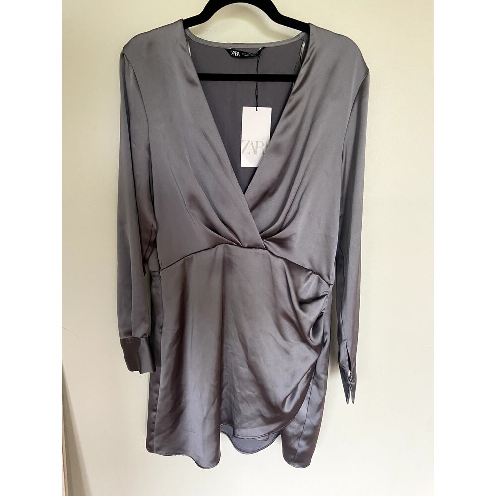 NWT ZARA GREY SATIN SHORT WRAP DRESS LONG SLEEVES SIZE XL